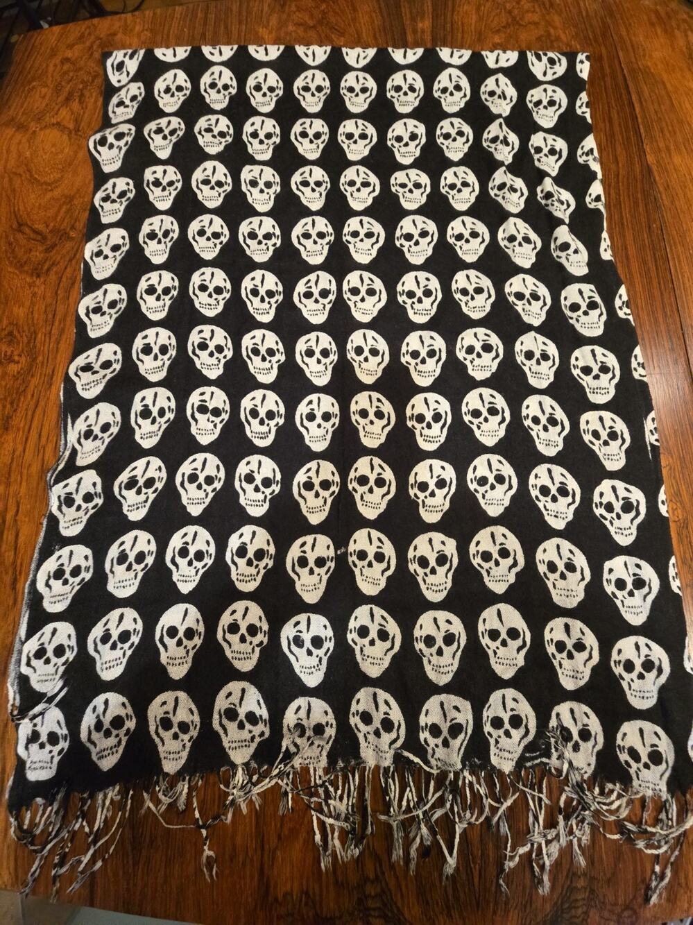 Scarf Wrap Skulls Black Fringe As Is Halloween Day of the Dead